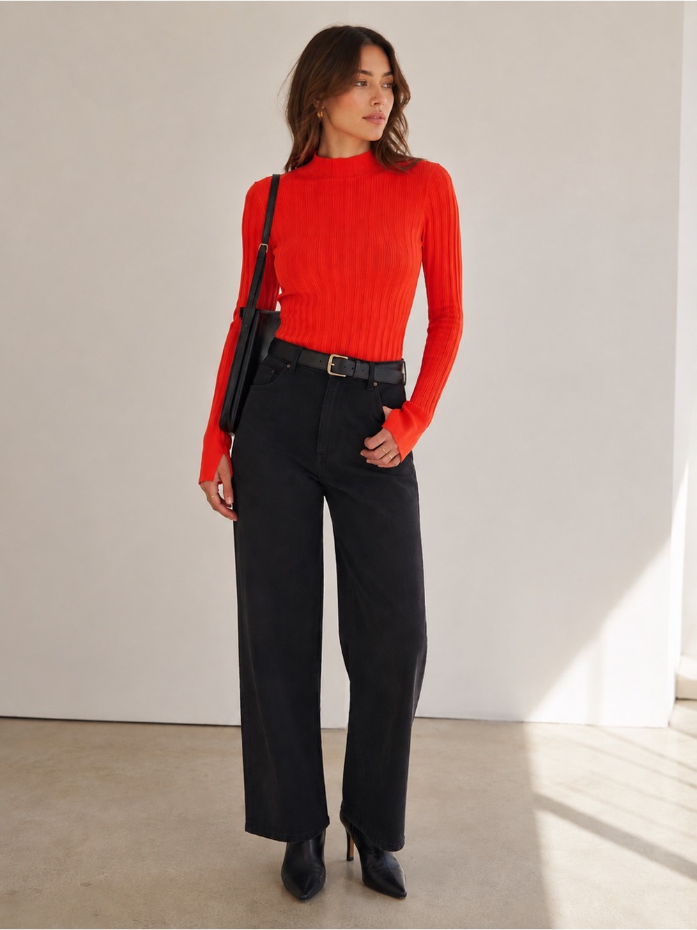Rag & Bone Dawson Ribbed Knit Mock Neck Top Neon Orange XS